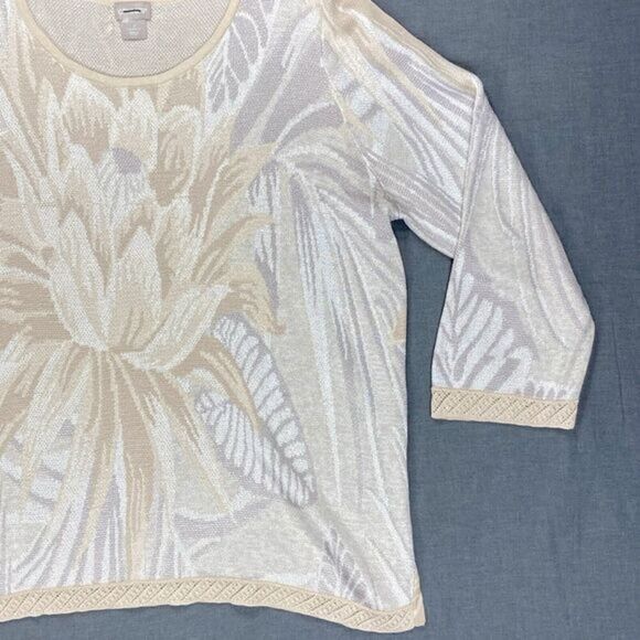 Chicos Jacquard Sweater Womens Size XL Beige Neutral Floral Knit Boho Minimalist - Picture 5 of 16